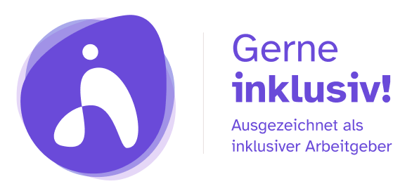 Das Siegel der Initiative mit der Aufschrift: Gerne inklusiv! Ausgezeichnet als inklusiver Arbeitgeber in lila