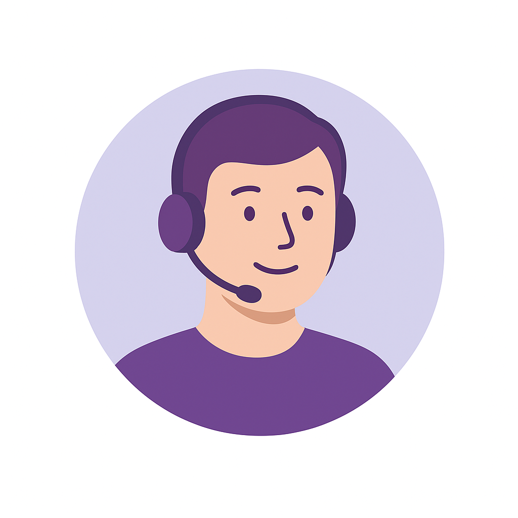 Die Illustration zeigt einen jungen Mann mit Headset. Er hat kurze Haare und trägt einen lila Pullover.